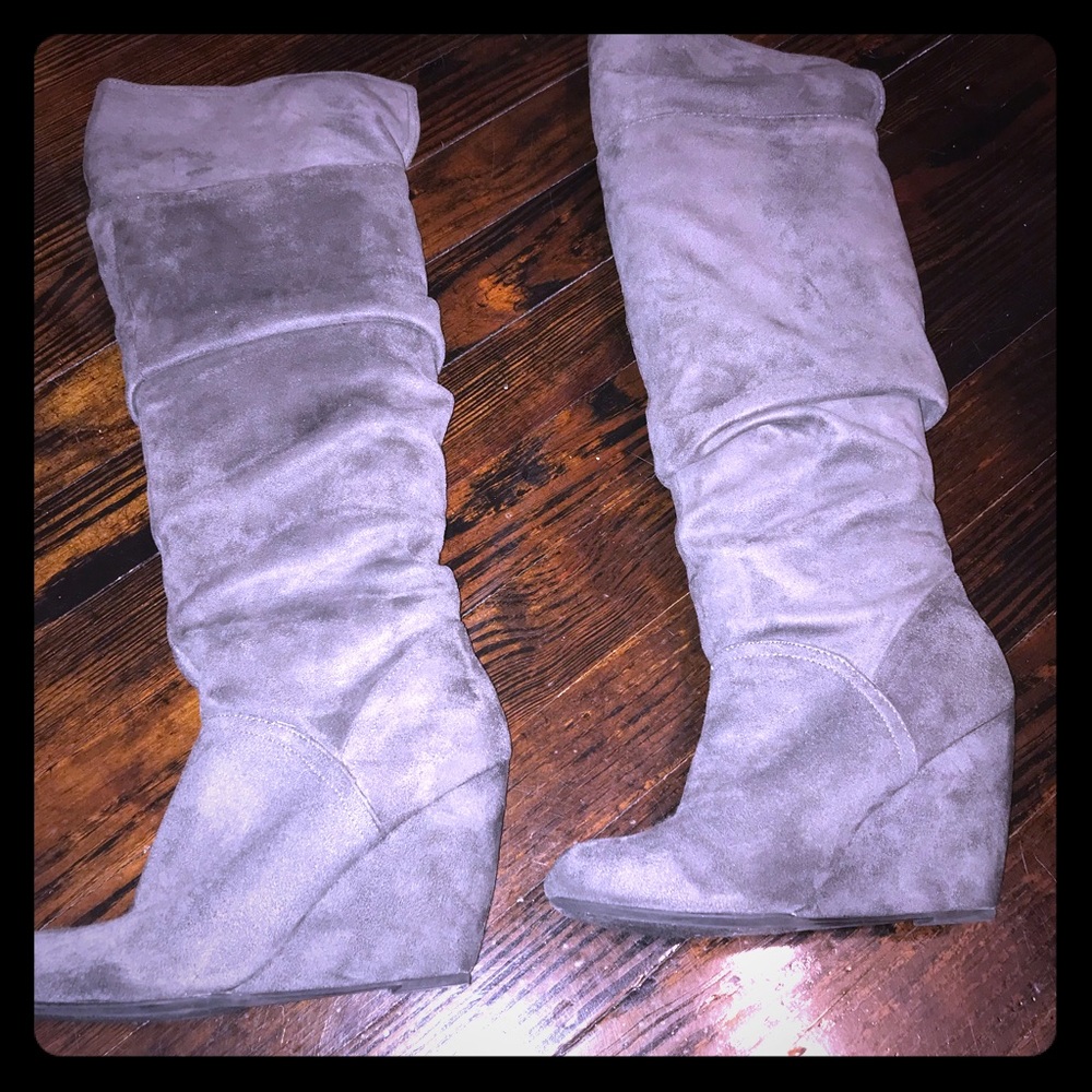 Nine West Slouchy Gray OTK Wedge Boots